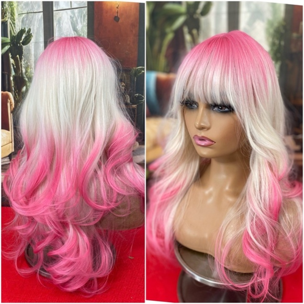 White and hot pink wig with bangs